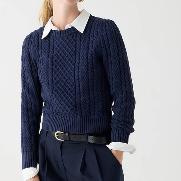 J.Crew Cable-knit puff-sleeve crewneck sweater Size Medium Cotton - Picture 1 of 9